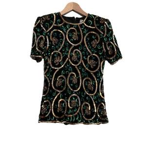 Papell Boutique Women’s 100% Silk Sequin and Beaded Blouse Gold/Green‎ Small